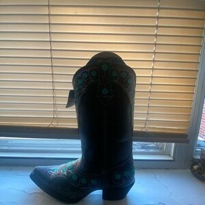 Embroidered Black Cowboy Boots with Turquoise Accents